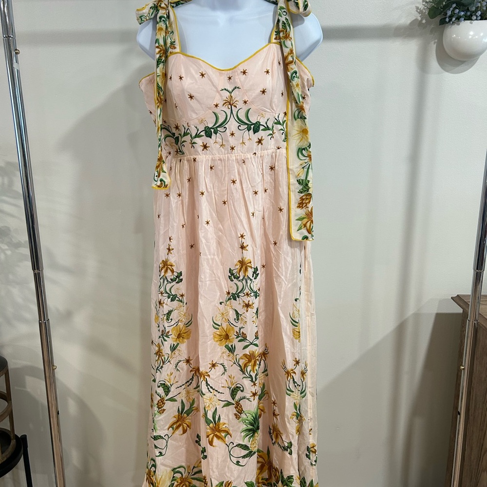 FARM Rio Cream Maxi Dress with Green and Yellow Embroidery